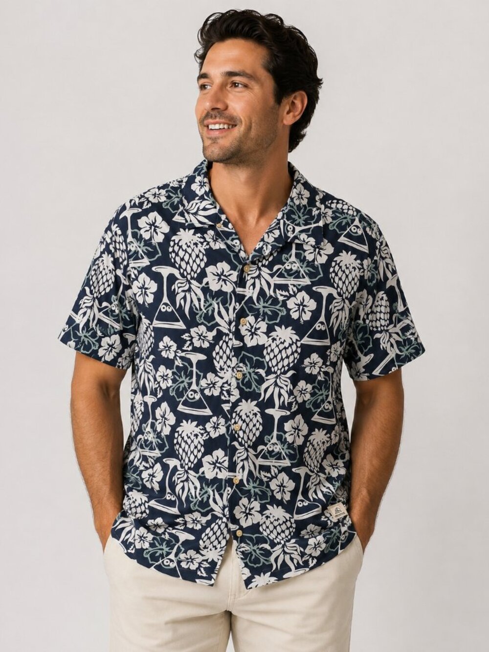 Surfside Supply Navy Floral Pineapple Print Short Sleeve Button-Up Shirt Sz L